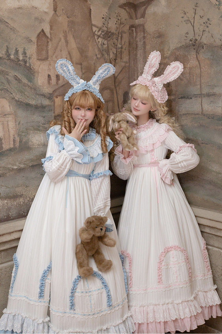 Pink Twin Lilian Round Collar Long Sleeves Double-Layered Ruffled Bow Lace-Up Sweet Lolita Dress