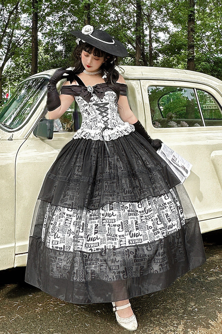 Black Pin-Up Girl Boat Neck Printed Ruffled Bow Lace-Up Asymmetric Gothic Elegant Lolita Skirt Set