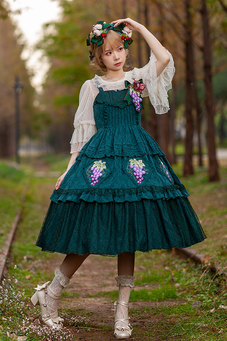 Green Vineyard Sleeveless Jacquard Print Ruffle Embroidery Sweet Lolita Jsk Dress