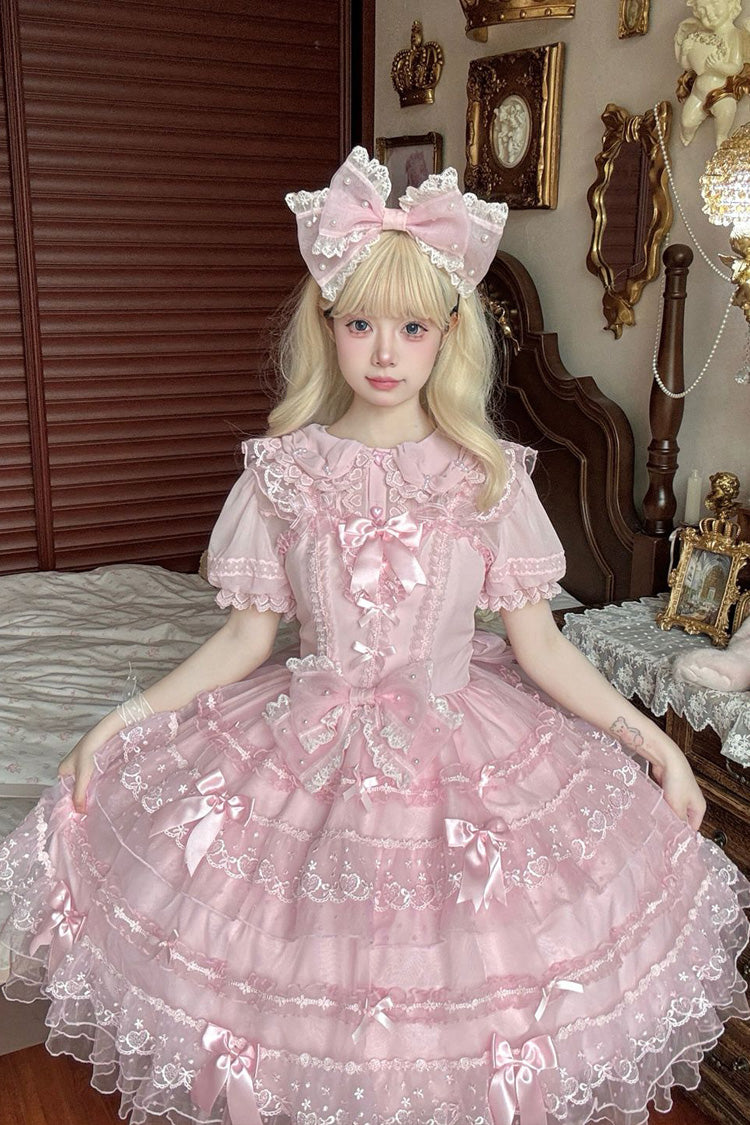 Pink Lotus Butterfly Heart Multi-Layered Ruffle Hanayome Bowknot Lace Sweet Lolita Jsk Dress