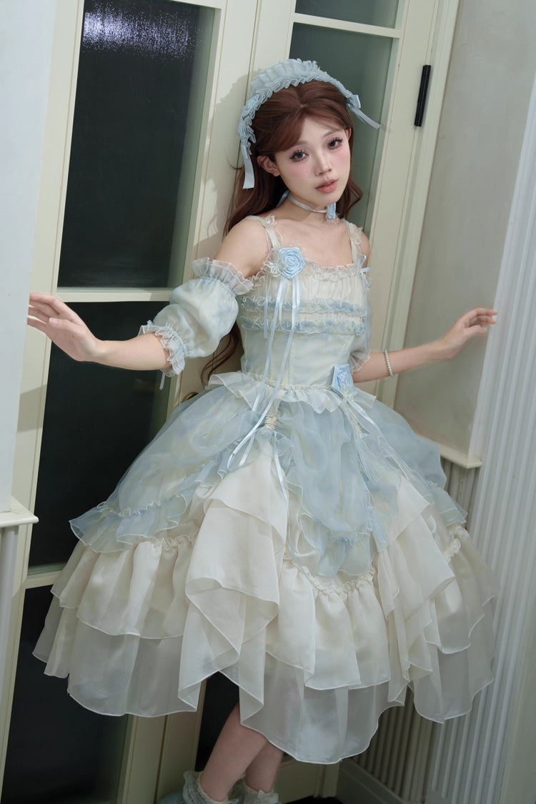 Goodnight Camellia Sleeveless Ombre Multi-Layered Printed Ruffled Lace Fishbone Sweet Lolita Jsk Dress 3 Colors