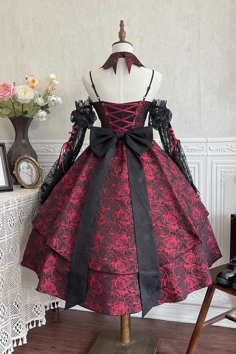 Red Rose Dish Ruffle Embroidery Cardigan Bowknot Lace-Up Gothic Lolita Jsk Dress