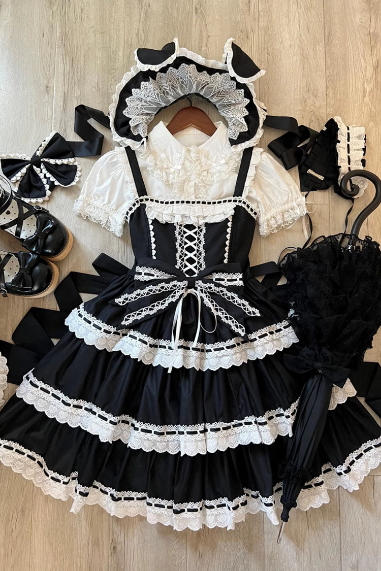 Black Maiden Heart Triple-Layered Ruffle Bowknot Lace Sweet Lolita Jsk Dress