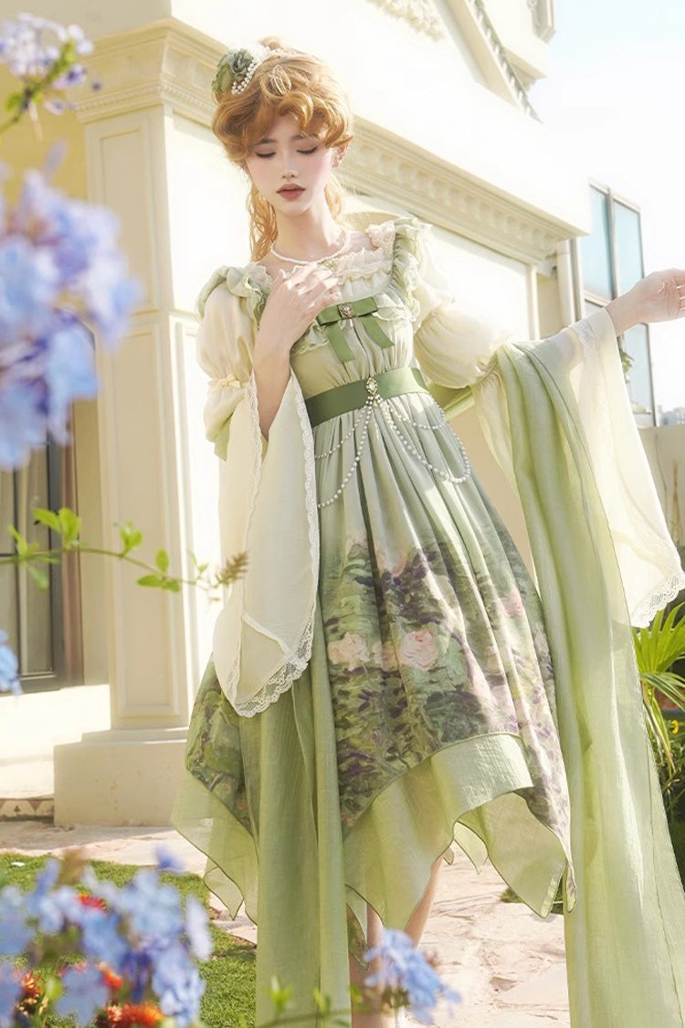Green Blooming Roses Print Oil Painting Chiffon Ruffle Bowknot Irregular Sweet Lolita Jsk Dress