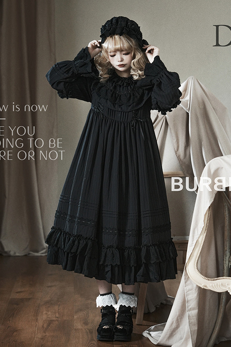 Black Good Night Long Sleeves Double-Layered Ruffle Bowknot Lace-Up Holy Gothic Lolita Dress