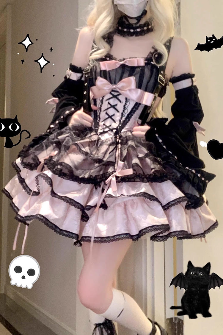 Black/Pink Sleeveless Multi-layer Ruffle Bowknot Lace-Up Gothic Princess Lolita Jsk Dress