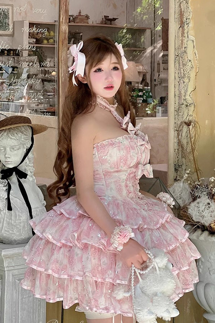 Pink Broken Silver Rose Halterneck Sleeveless Multi-Layered Ruffle Bowknot Sweet Princess Lolita Tiered Dress