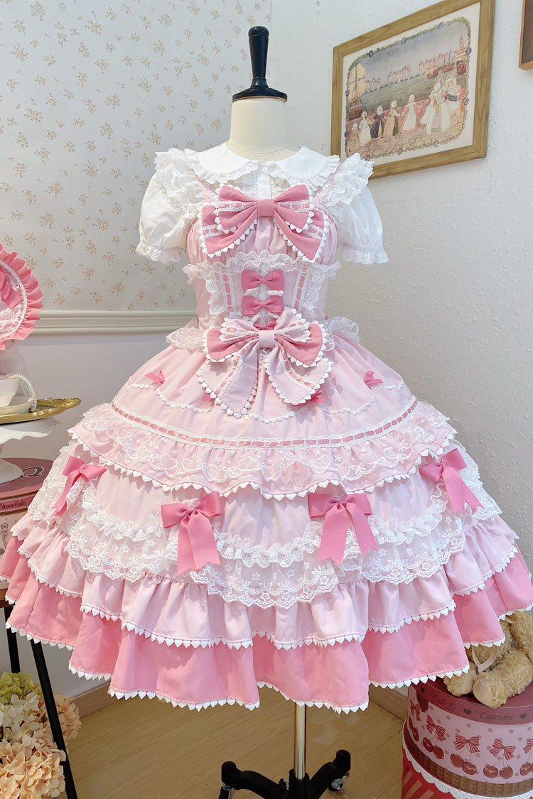 Pink Fondant Cake Sleeveless Multi-Layered Ruffle Bowknot Lace Sweet Lolita Jsk Dress