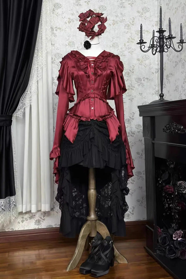 Echoes of the Deep Sea Long Hime Sleeves Ruffled Bow Lace-Up Gothic Ouji Lolita Blouse 4 Colors