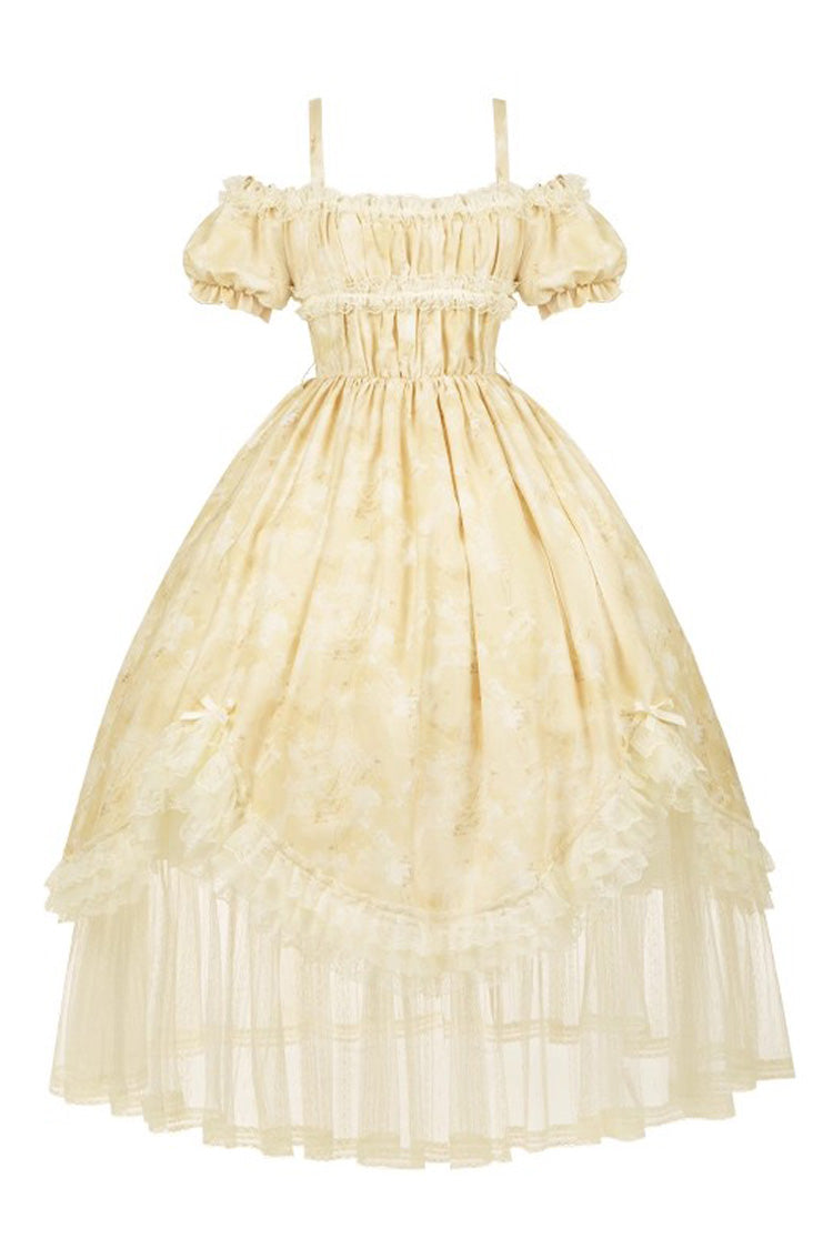 Yellow Falling Flowers as a Message Square Collar Short Sleeves Print Ruffle Lace Sweet Elegant Lolita Long Dress