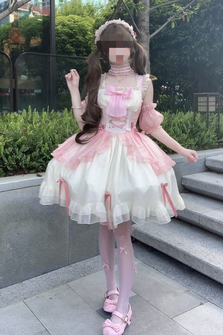 White/Pink Sweet Sakura Bow Sleeveless Double-Layered Ruffled Bow Sweet Princess Lolita Jsk Dress