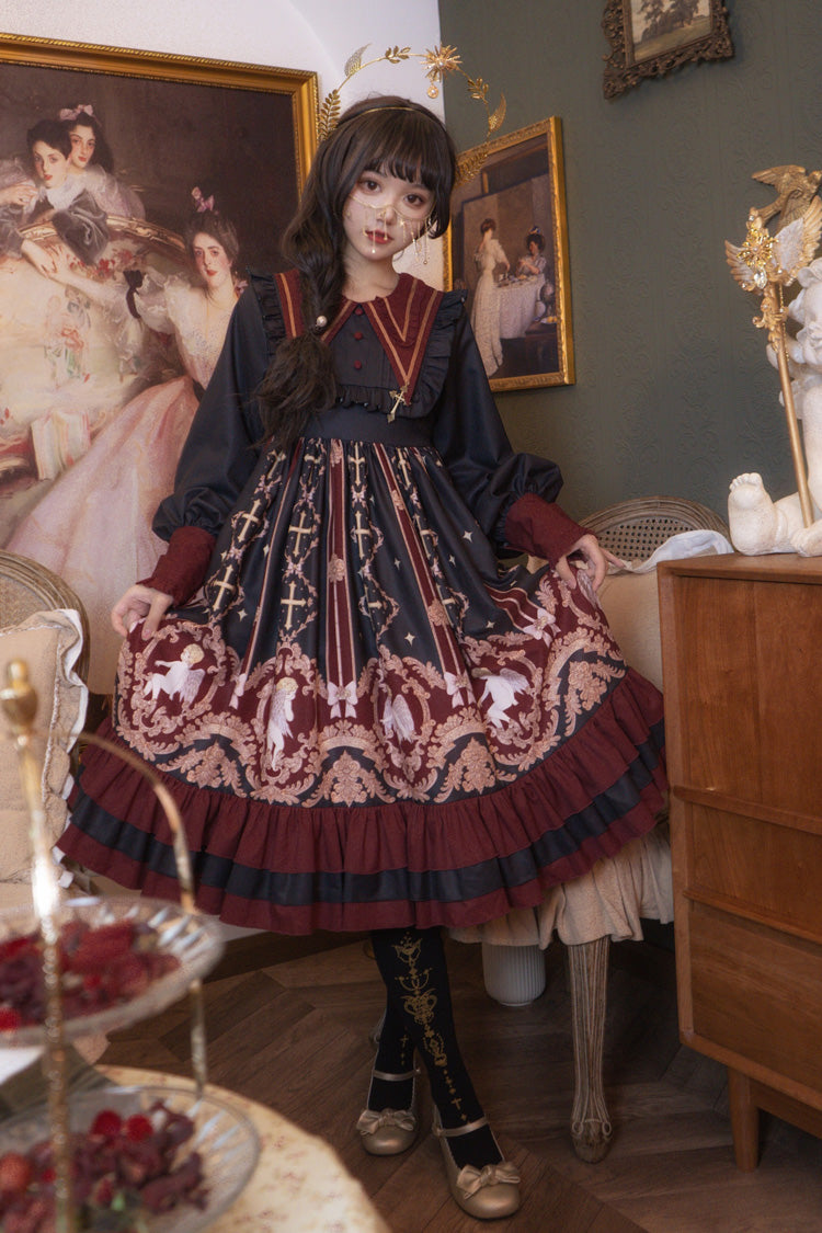 Angel's Redemption Long Sleeves Angel Print Ruffle Bowknot Sweet Lolita Dress 3 Colors