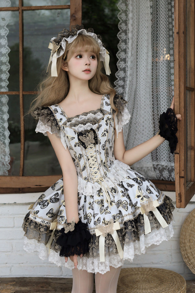 Cream Golden Spirit • Dream Butterfly Sleeveless Print Ruffle Bowknot Lace-Up Sweet Princess Lolita Jsk Dress Set