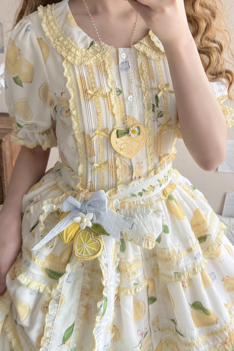 White Lemon Chicken Short Sleeves Triple-Layered Print Ruffle Bowknot Lace Sweet Gorgeous Lolita Dress