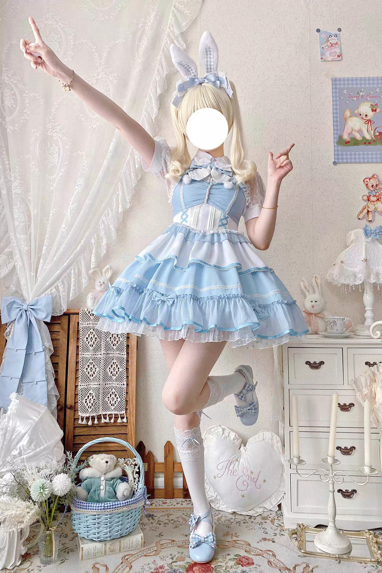 Blue/White Cotton Cloud Lapel Collar Ruffle Bowknot Lace-Up Sweet Lolita Jsk Dress