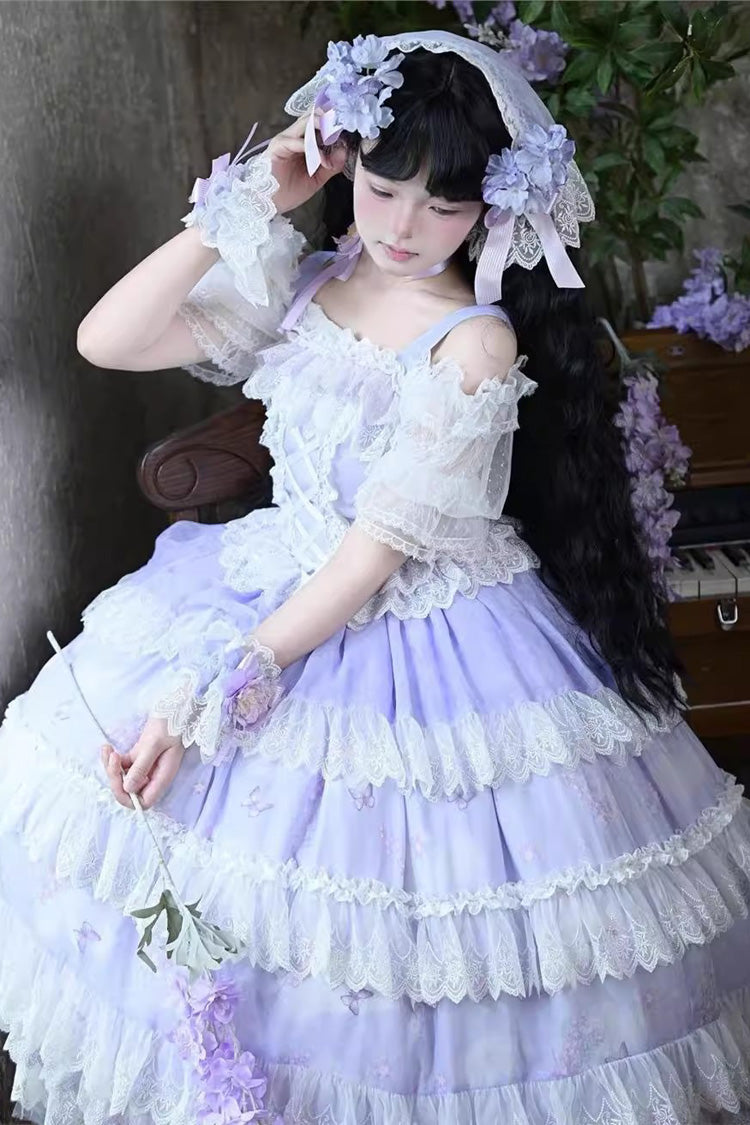 Purple Lavender Sleeveless Multi-Layered Print Ruffle Bowknot Lace-Up Sweet Elegant Lolita Jsk Dress Set
