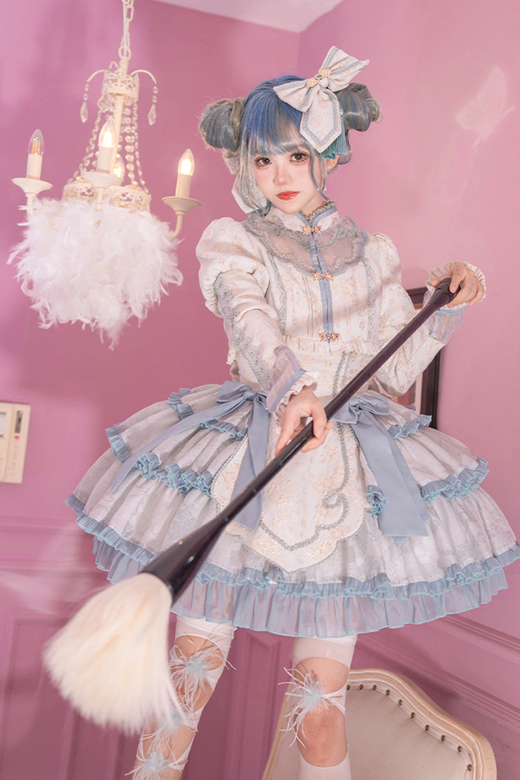 Light Green Multi-layer Ruffle Embroidery Bowknot Chinese Style Sweet Lolita Jsk Dress