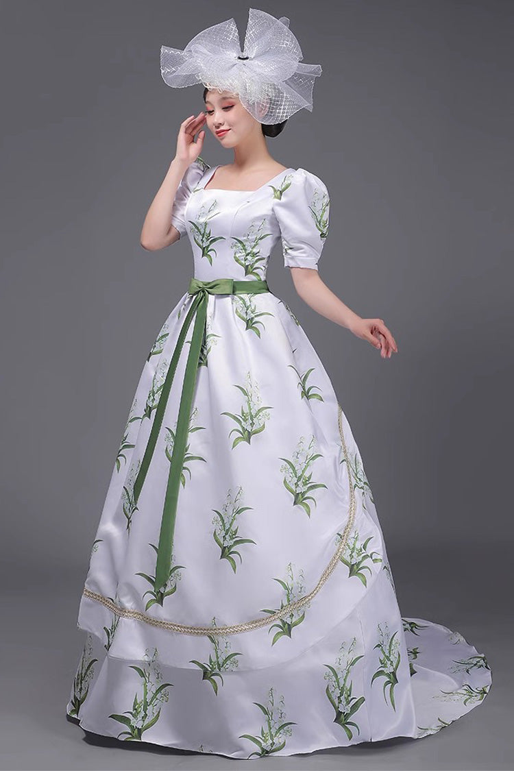 White/Green European Court Short Sleeves Flowers Grass Print Sweet Vintage Victorian Dress
