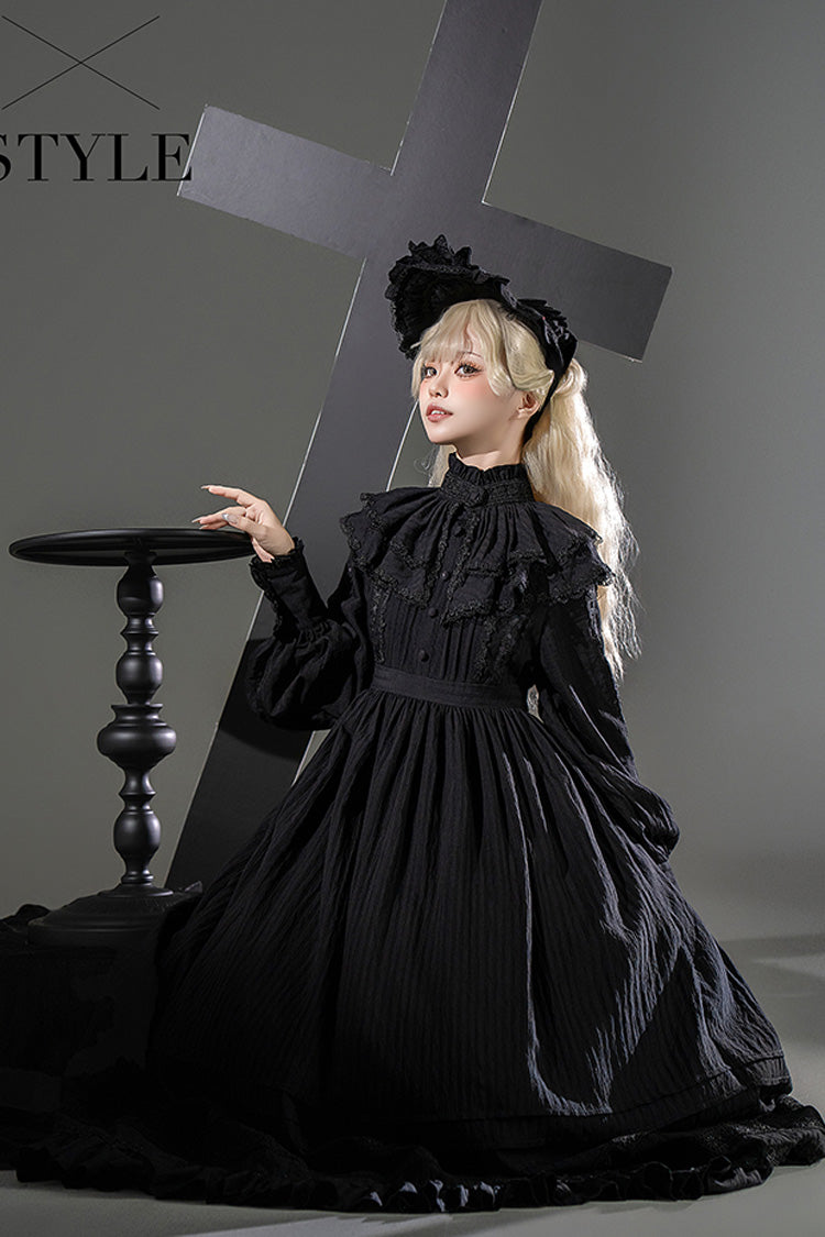 Black Quiet Place Long Sleeves Jacquard Ruffle Embroidery Bowknot Gothic Lolita Dress