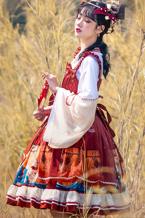 Wine Ukiyolu Cat Print Long Sleeves Chinese Style Fake Two Pieces Bowknot Ruffled Sweet Lolita OP Dress