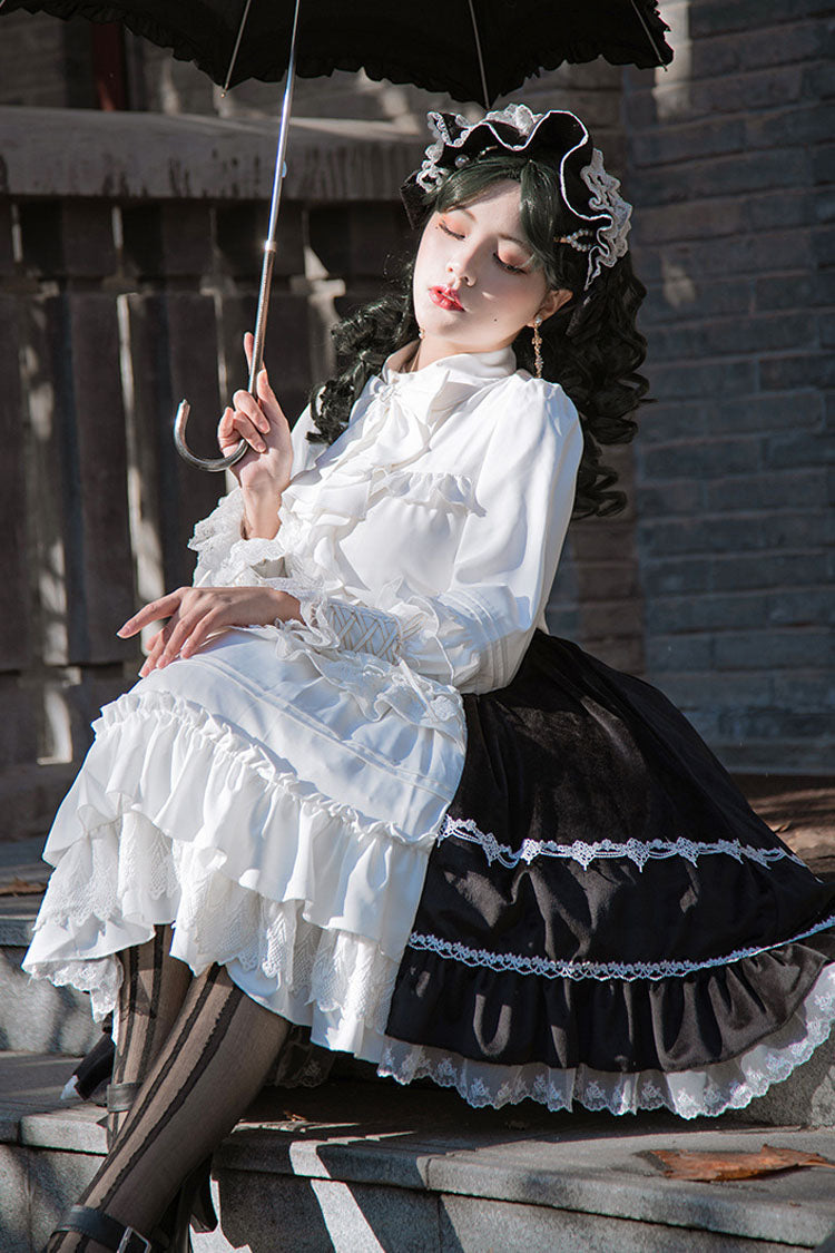 White/Black Stitching Cardigan Ruffled Multi-Layer Gothic Lolita Skirt Dress