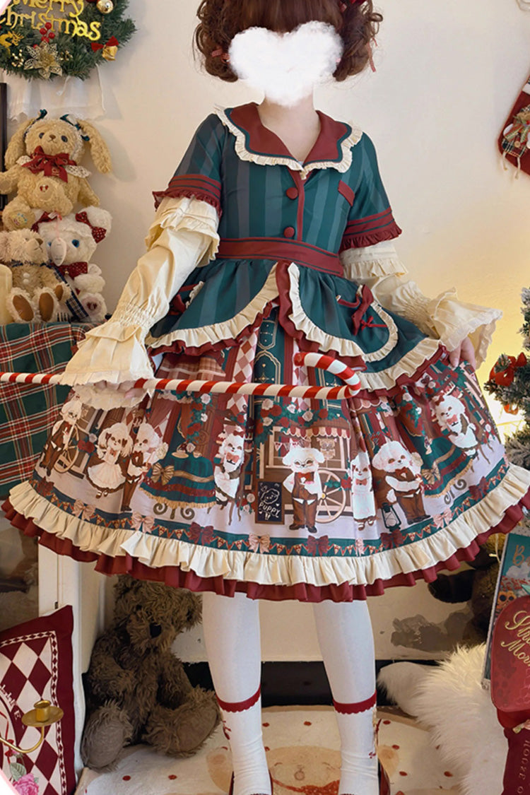 Puppy Cafe Print Ruffle Bowknot Sweet Lolita Dress 3 Colors
