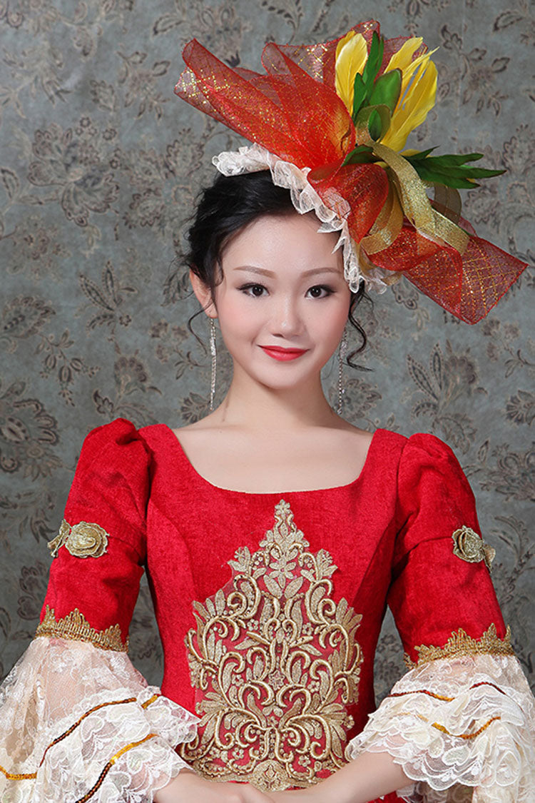 Red Multi-Layer Trumpet Sleeves Half Sleeves High Waisted Embroidery Print Victorian Lolita Prom Dress
