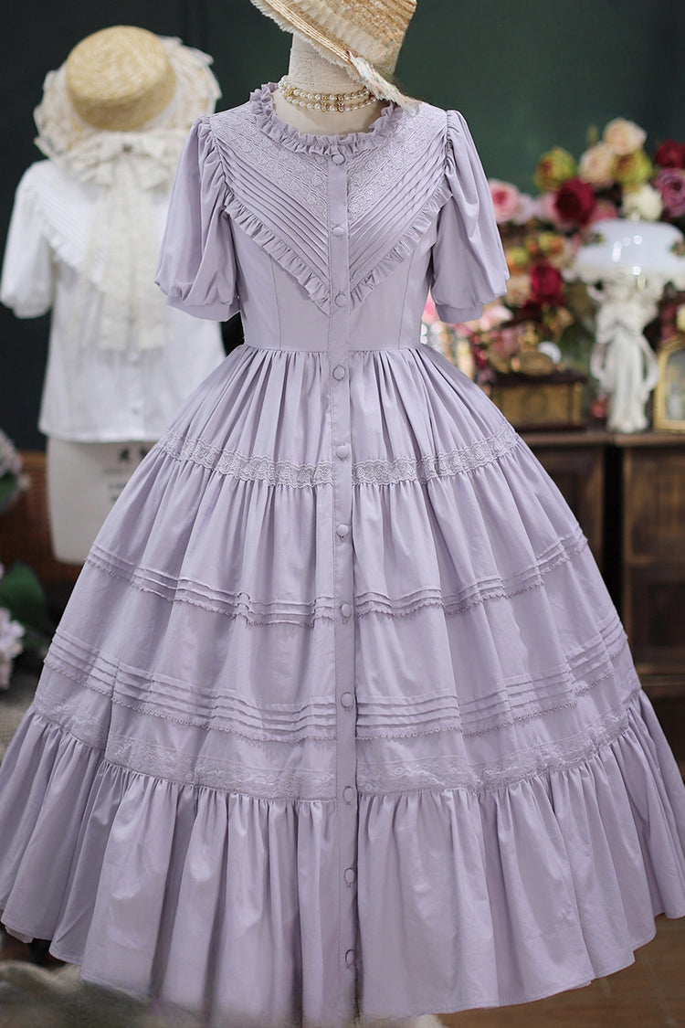 Elegant Cardigan Round Neck Short Sleeves Ruffle One Piece Sweet Lolita Dress 8 Colors