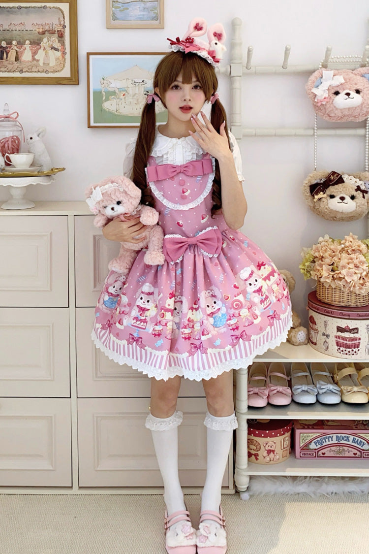 Pink Cupid Bunny Printed Sleeveless Bow Sweet Princess Lolita Strap Dress