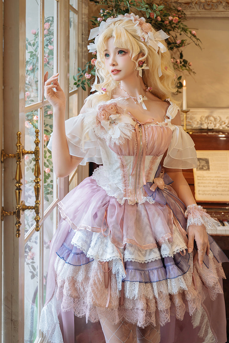 Pink/Purple Rose Memoirs Sleeveless Multi-Layered Bowknot Lace Sweet Lolita Skirt Set