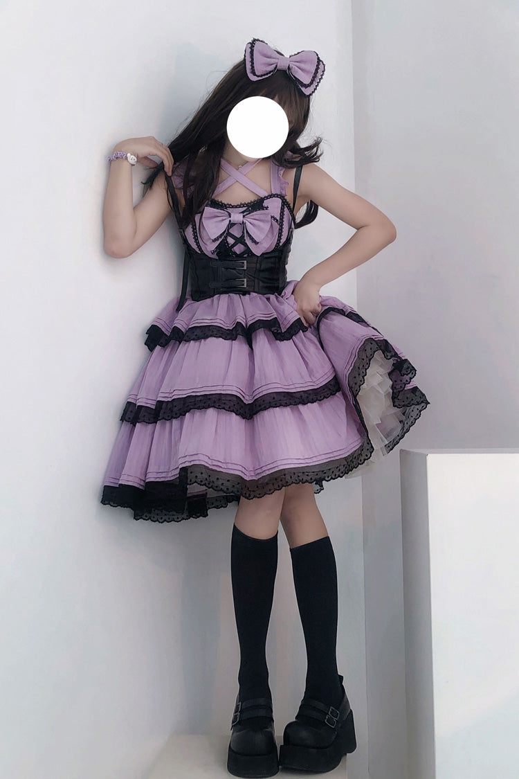 Purple First Love Triple-Layered Ruffle Bowknot Lace Sweet Lolita Jsk Dress