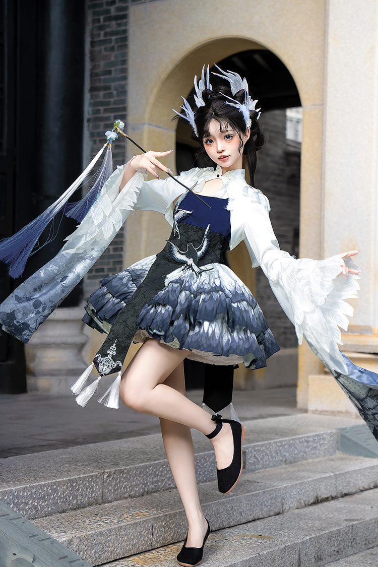 Dark Blue Feathered Finch Multi-Layered Print Ruffle Classic Chinese Style Lolita Jsk Dress Set