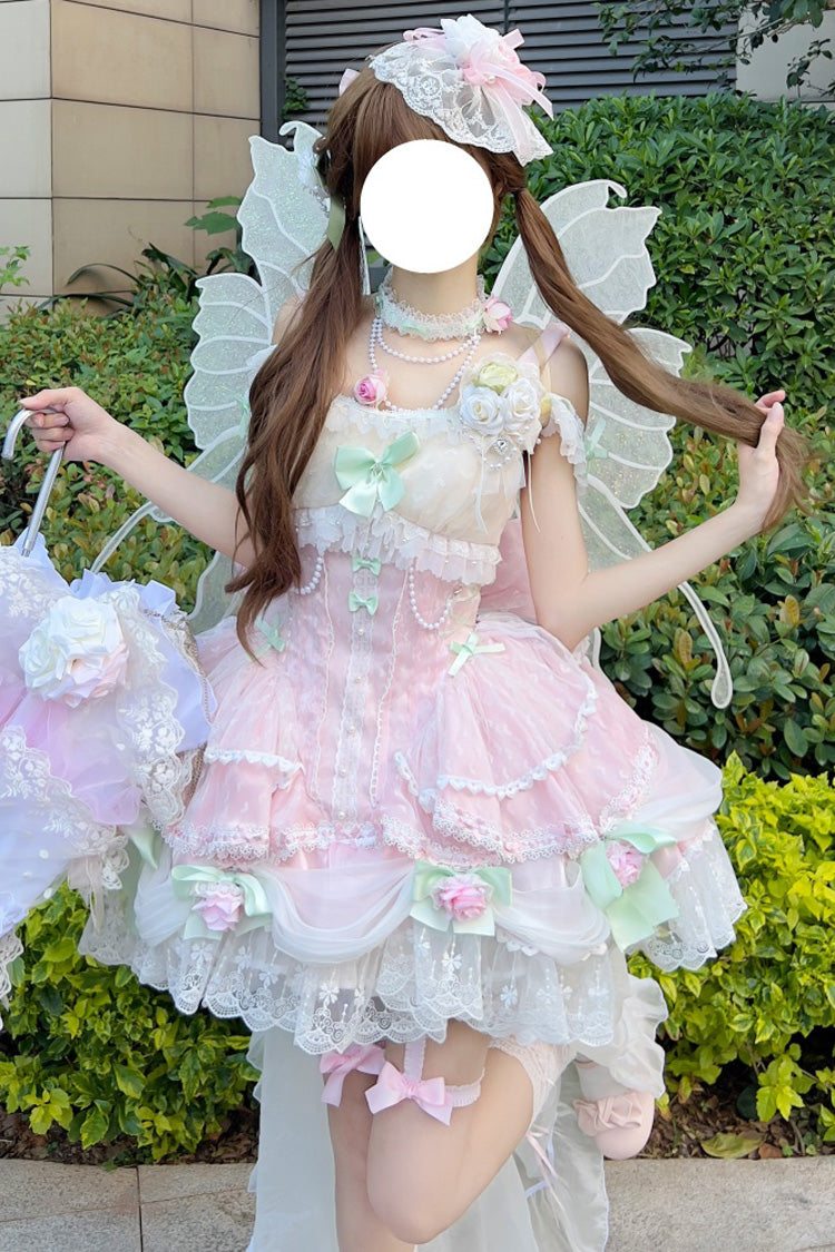 Pink Honey Rose Sleeveless Ruffle Embroidery Bowknot Lace Pearl Sweet Lolita Jsk Dress