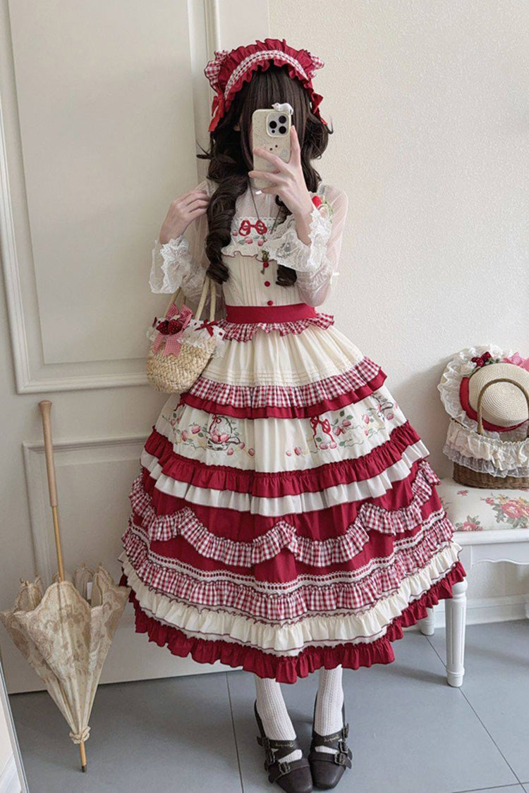 Red Strawberry Basket Square Collar Multi-Layered Printed Ruffled Embroidered Bow Sweet Lolita Jsk Dress
