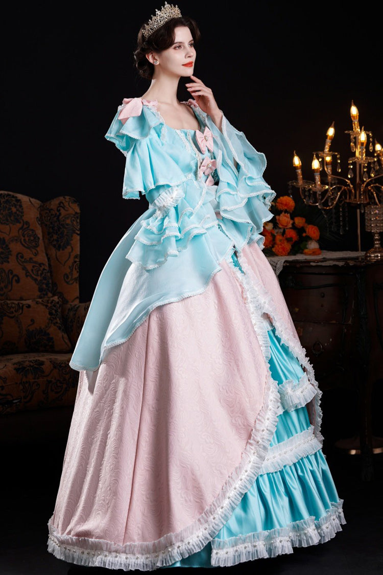 Blue/Pink Square Collar Long Trumpet Sleeves Triple-Layered Ruffled Open-Front Bow Classic Vintage Palace Lolita Victorian Dress