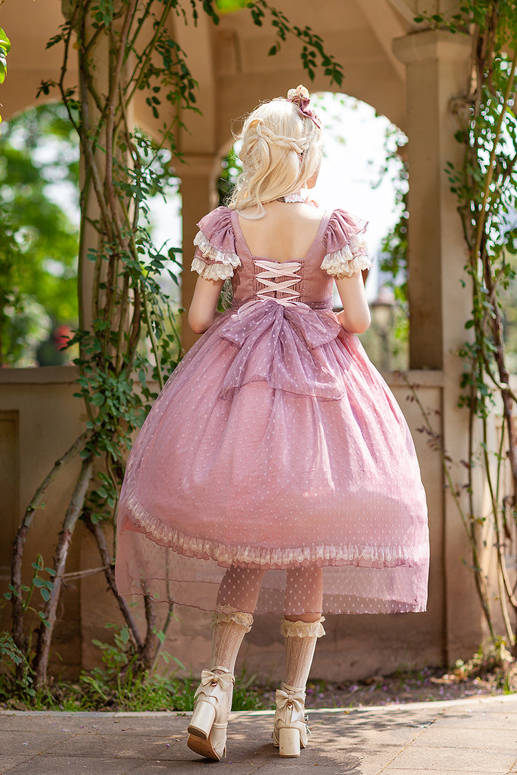 Pink Moon goddess *Mediana* Polka Dot Print Ruffle Bowknot Asymmetric Sweet Elegant Lolita Dress