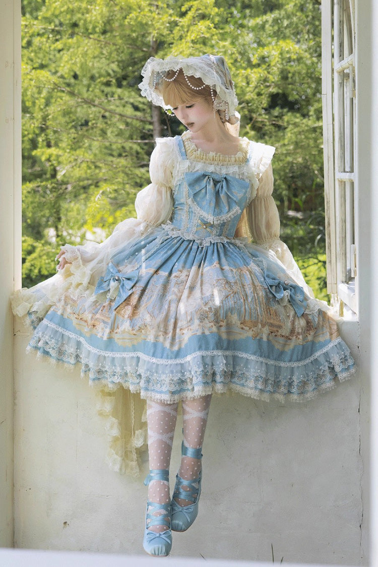 Blue Unicorn Print Sleeveless Multi-Layered Embroidery Bowknot Lace Sweet Lolita Jsk Dress
