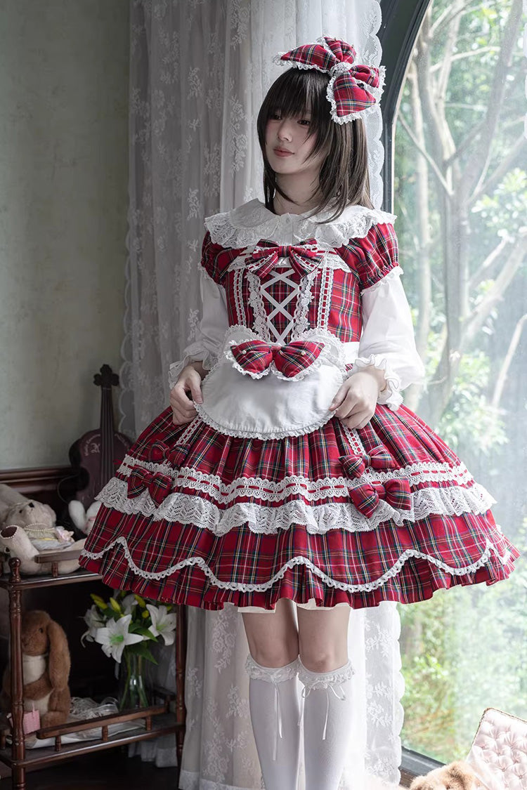 Red Gingham Petal Bunny Short Sleeves Printed Ruffled Bow Sweet Lolita OP Dress