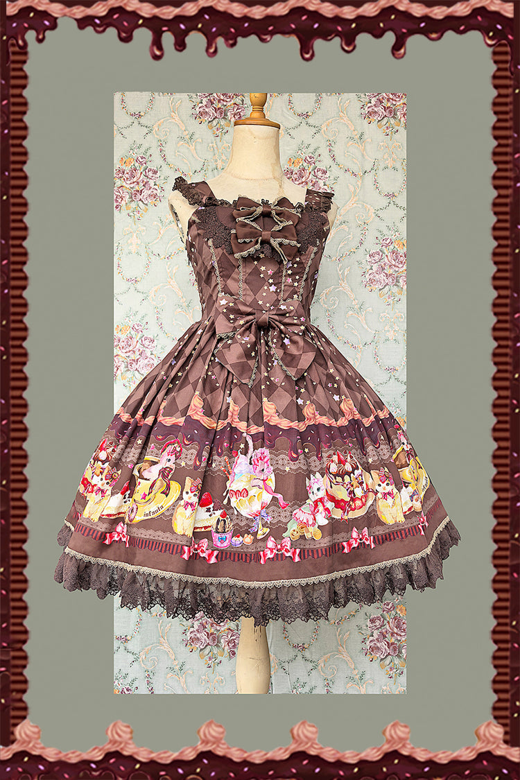 Cream Meow Sleeveless Print Bowknot Lace Sweet Lolita Jsk Dress 3 Colors