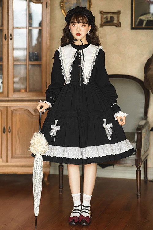 Dark Black Temple Of The Cross Doll Collar High Waisted Long Sleeves Multi-Layer Ruffled Gothic Lolita OP Dress