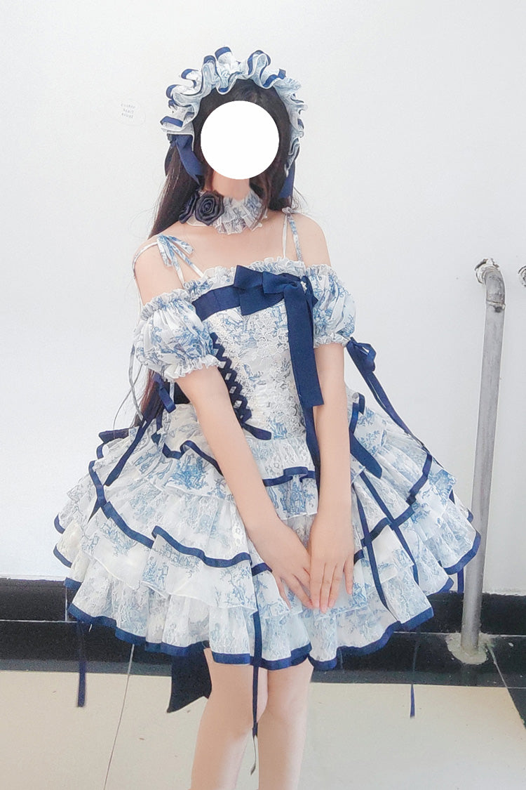 Blue/White Sleeveless Multi-Layered Print Bowknot Fishbone Sweet Classic Chinese Style Lolita Jsk Short Dress