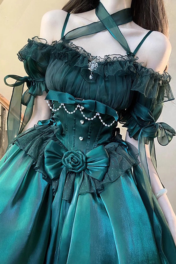 Green Midsummer Dream Short Sleeves Ruffle Hanayome Off-The-Shoulder Gothic Short Lolita Dress