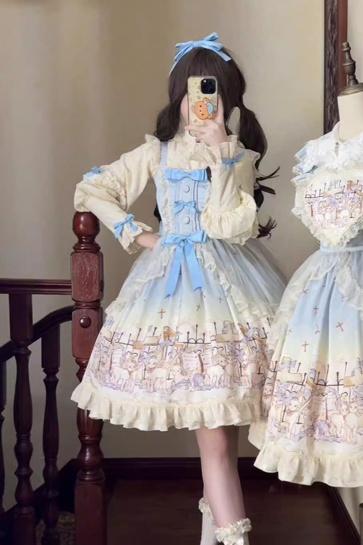 Angel Lamb Sleeveless Printed Ruffled Bow Sweet Lolita Jsk Dress 3 Colors