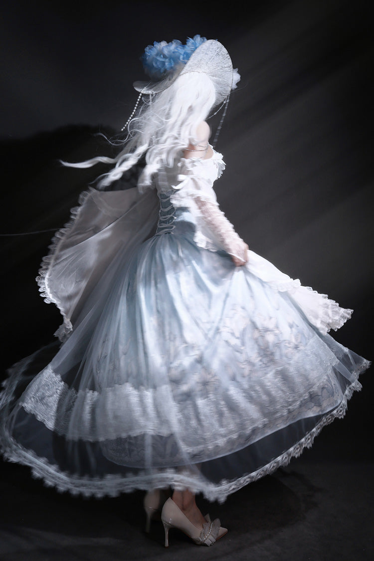 Blue Snow Lily Print Ruffle Hanayome Embroidery Bowknot Lace-Up Sweet Elegant Princess Lolita Skirt Set