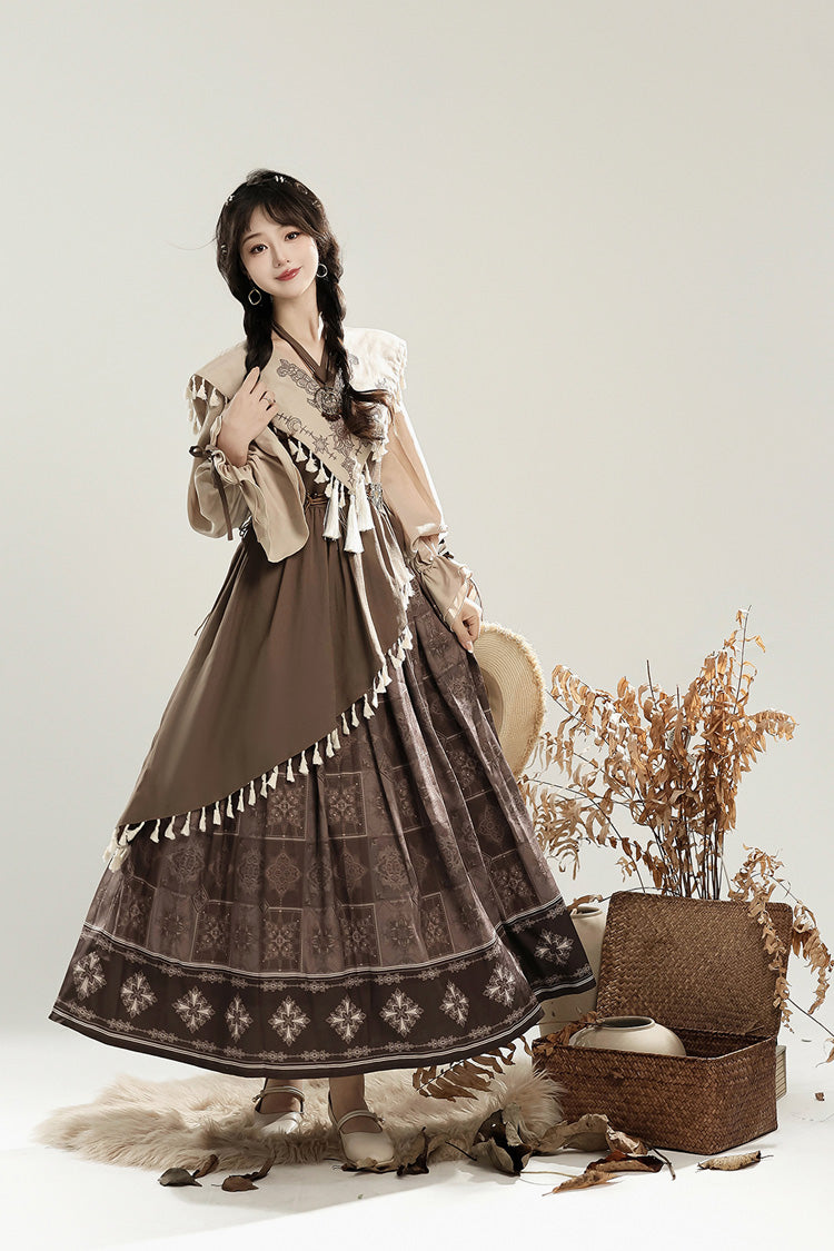 Brown Mysterious Tribe Long Lantern Sleeves Print Ruffle Asymmetric Sweet Chinese Style Lolita Dress
