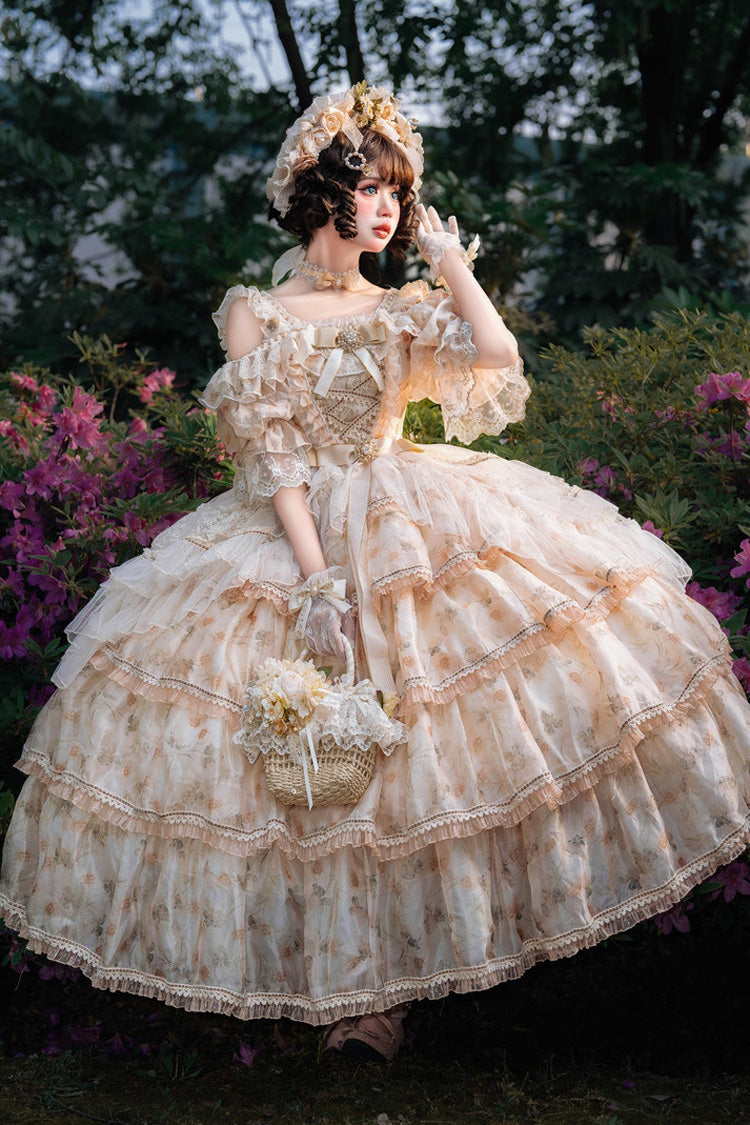 Yellow Rose Letter Off Shoulder Triple-Layered Print Ruffle Hanayome Sweet Princess Lolita Dress