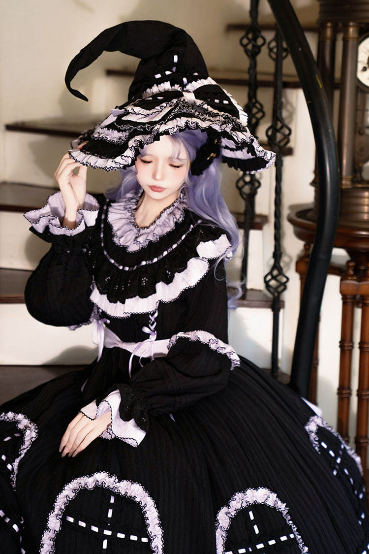 Black Twin Lilian Round Collar Long Sleeves Double-Layered Ruffled Bow Lace-Up Gothic Lolita Dress