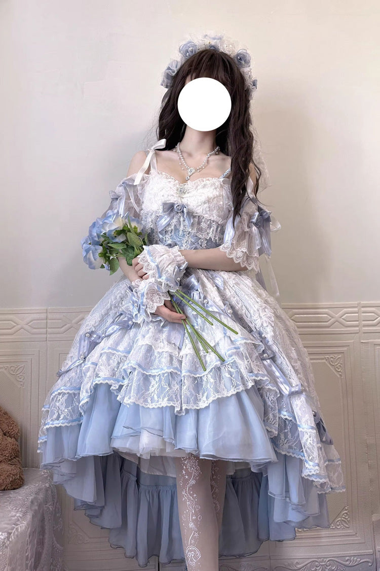 Blue Diane Rose Short Sleeves Multi-Layered Jacquard Ruffle Hanayome Cardigan Bowknot Lace Sweet Lolita Dress