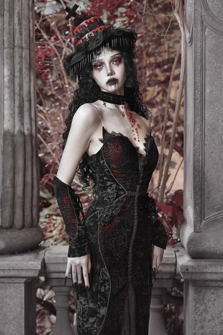 Black/Red Scarlet Blood Peak Sleeveless High Waisted Ruffle Embroidery Lace Gothic Lolita Fishtail Dress