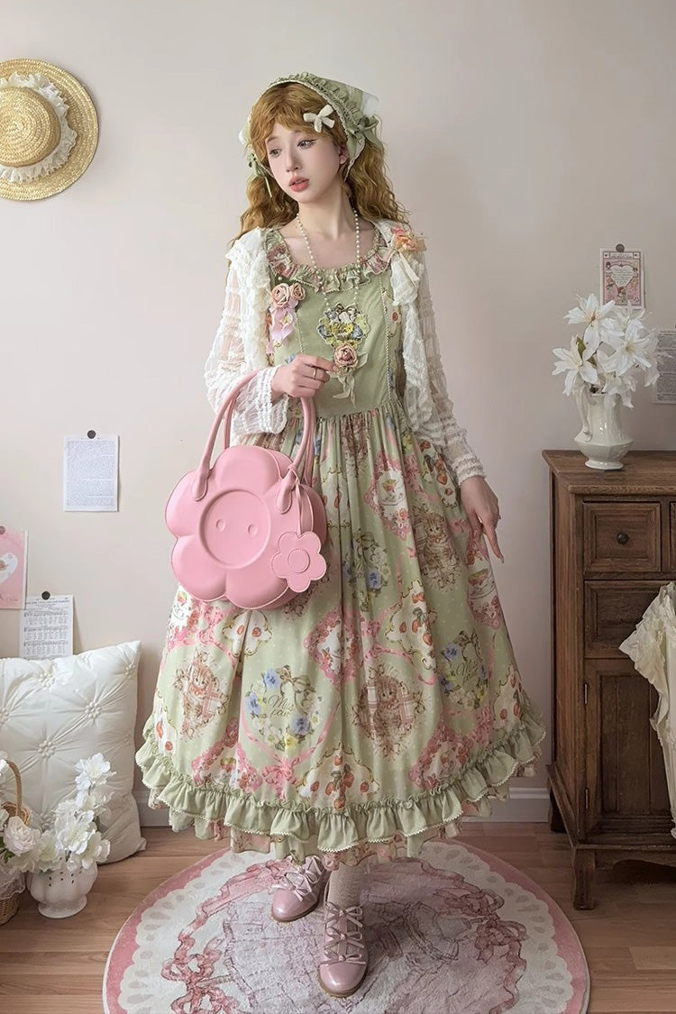 Green Cat Rose Tea Sleeveless Print Ruffle Bowknot Sweet Lolita Jsk Dress